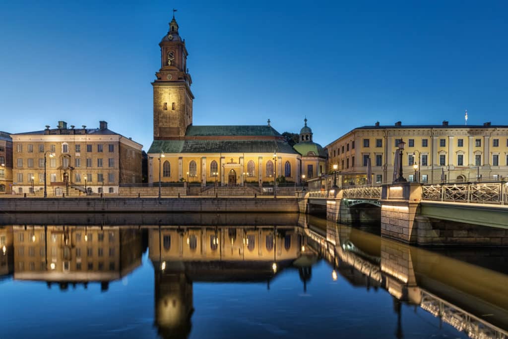 Christinae Church reflecting in water in Gothenburg, Sweden